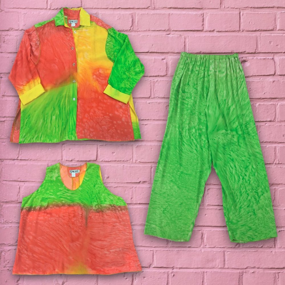 Paul Sisto Bold Colorful Green / Yellow / Red Three Piece Blouse & Pant Set - Picture 1 of 15